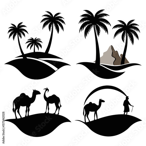 Desert oasis palm trees camels and traveler vector
