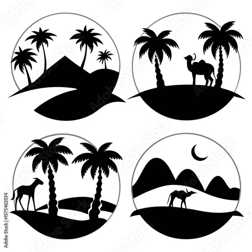 Desert oasis palm trees camel antelope moon vector