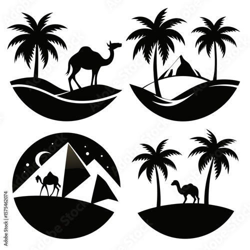 Desert Oasis Scenes with Camels and Palm Trees sand dunes