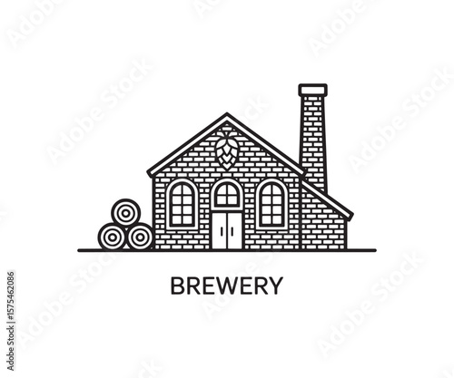 Traditional Brewery Building with Hops and Barrels Line Art