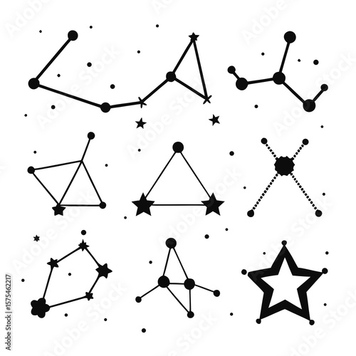 Diverse celestial star cluster line art arrangements constellations stars