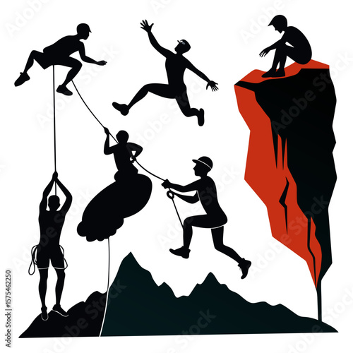 Diverse climbers scaling rocky peaks climbing mountaineering