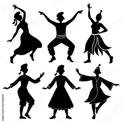 Diverse cultural dancers in dynamic poses silhouette