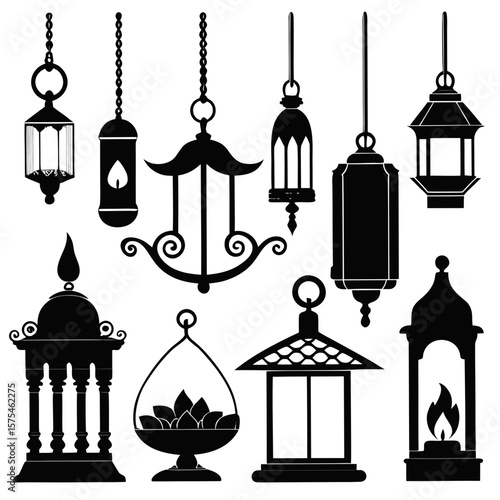 Diverse collection of black lantern silhouettes candle holder hanging