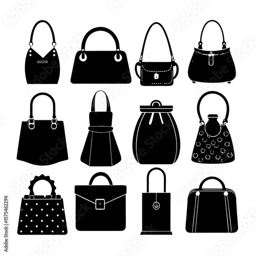 Diverse collection of black handbag silhouettes purse tote