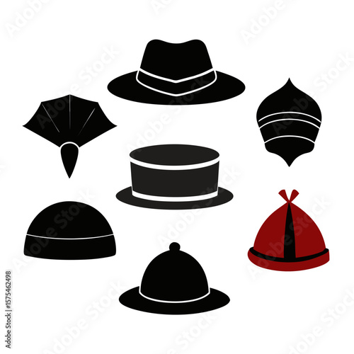 Diverse headwear collection black and red silhouettes hats fedora