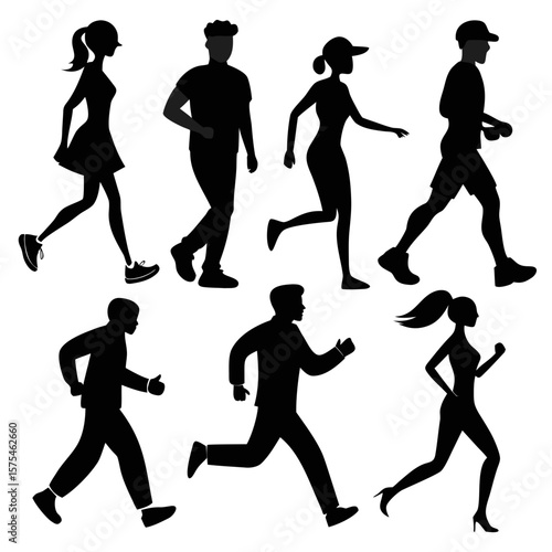Diverse people silhouettes walking and running male