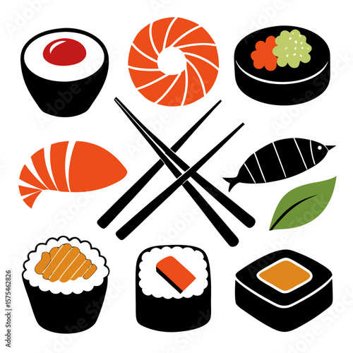 Diverse Sushi Selection with Chopsticks and Leaf food japanese