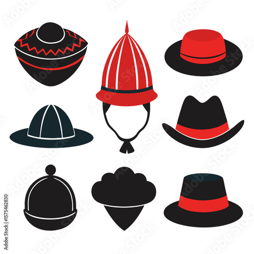 Diverse traditional hat collection black red silhouettes hats headwear