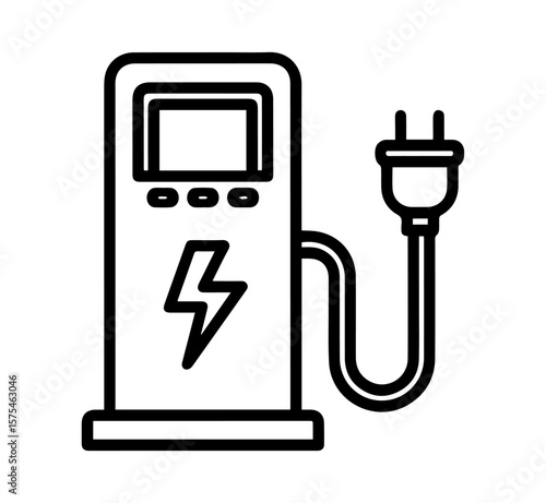 Minimalist black outline vector icon of electric vehicle charging station with plug and cable symbol for eco-friendly transportation design