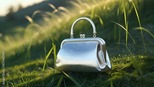 A silver purse sitting on a grassy hillside