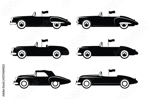 Classic Convertible Collection: A timeless display of six vintage convertibles, each rendered in elegant monochrome, evoking nostalgia and automotive artistry. 