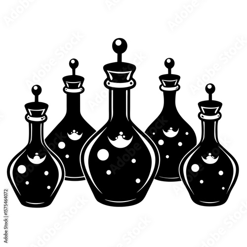 Fantasy potion bottles with bubbling liquid magic