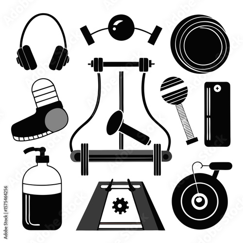 Fitness equipment collection with headphones and weights sports workout