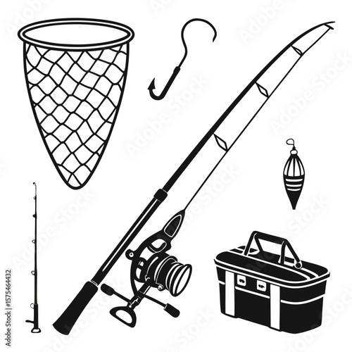Fishing rod reel net hook tackle box lure vector