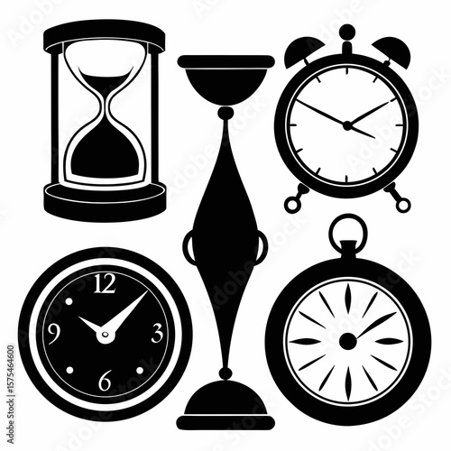 Format: Title: Collection of five distinct timekeeping instruments hourglass alarm clock