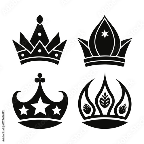 Four black crown silhouettes with intricate designs white royal