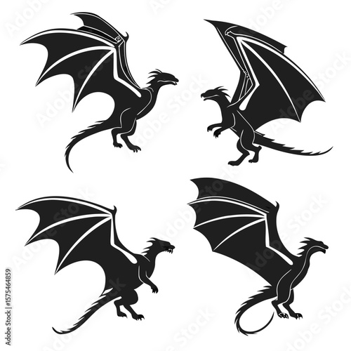 Four black mythical dragon silhouettes with spread wings creature fantasy
