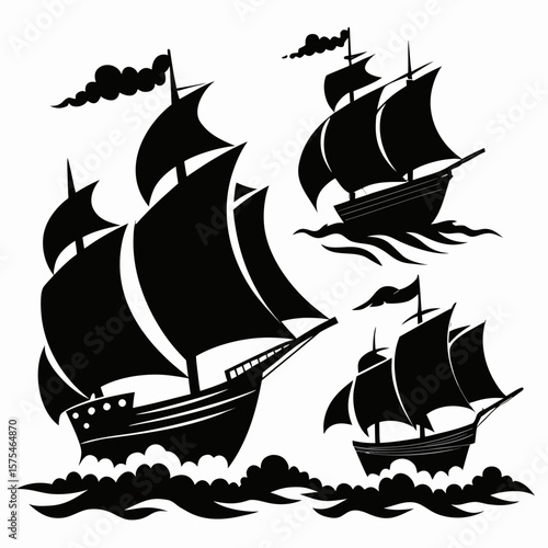 Four black sailing ships on stormy seas pirate ships silhouette