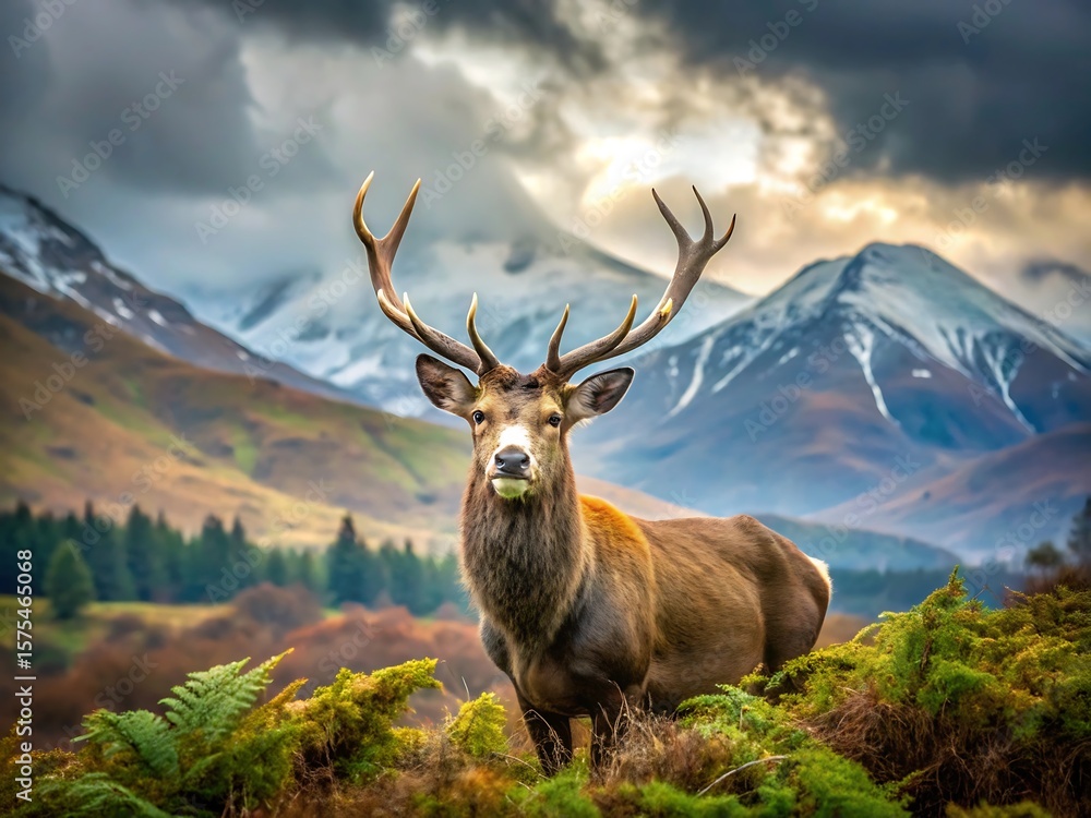 Fototapeta premium A majestic stag stands proudly against a backdrop of snowy mountains