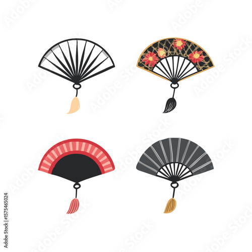 Four cultural hand fans with tassels traditional accessories