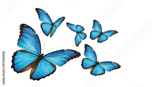 Group of vivid blue butterflies in flight isolated on transparent background, symbol of transformation and freedom, watercolor-style illustration Png