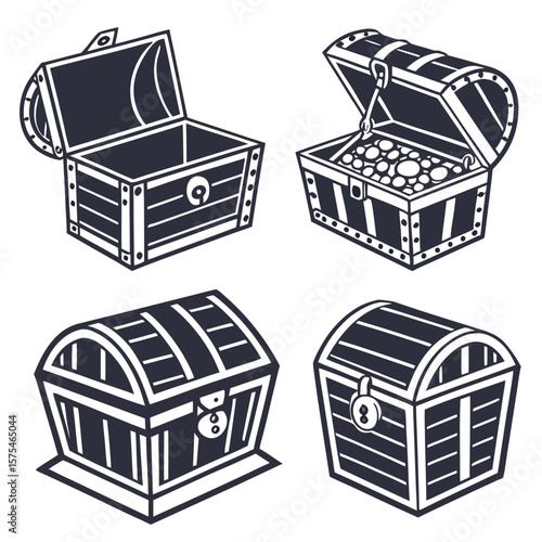 Four dark treasure chests open and closed with gold coins vector