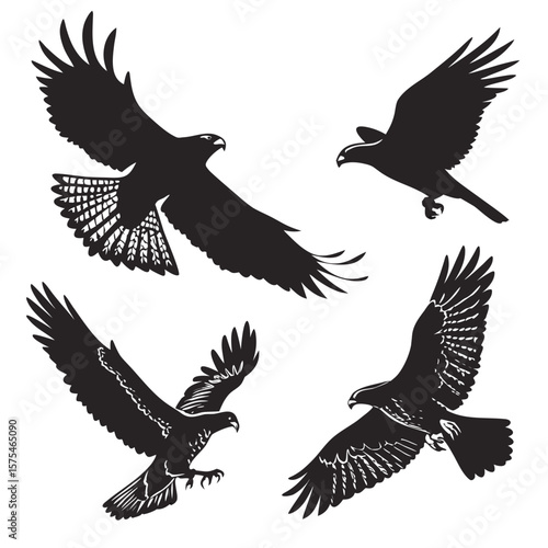 Four black falcon silhouettes in flight hawk bird