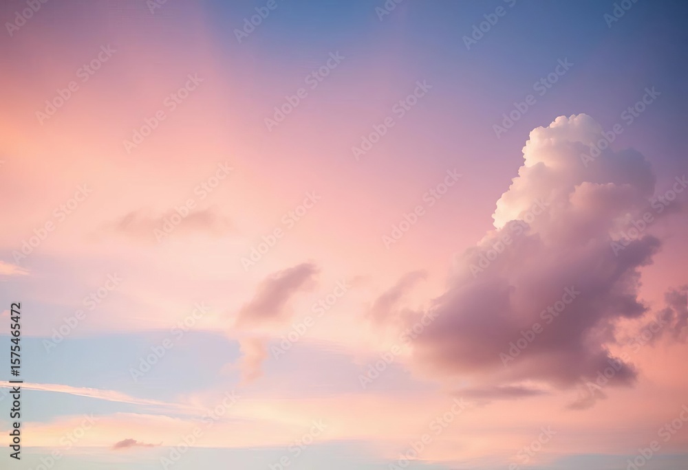 Fototapeta premium Soft pastel blue and pink sky with fluffy white clouds, dreamy and ethereal, dreamy, illustration