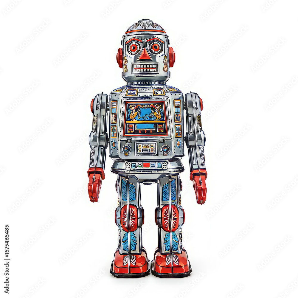 Fototapeta premium Vintage metal toy robot standing upright, featuring red, blue, and silver colors on a white background.