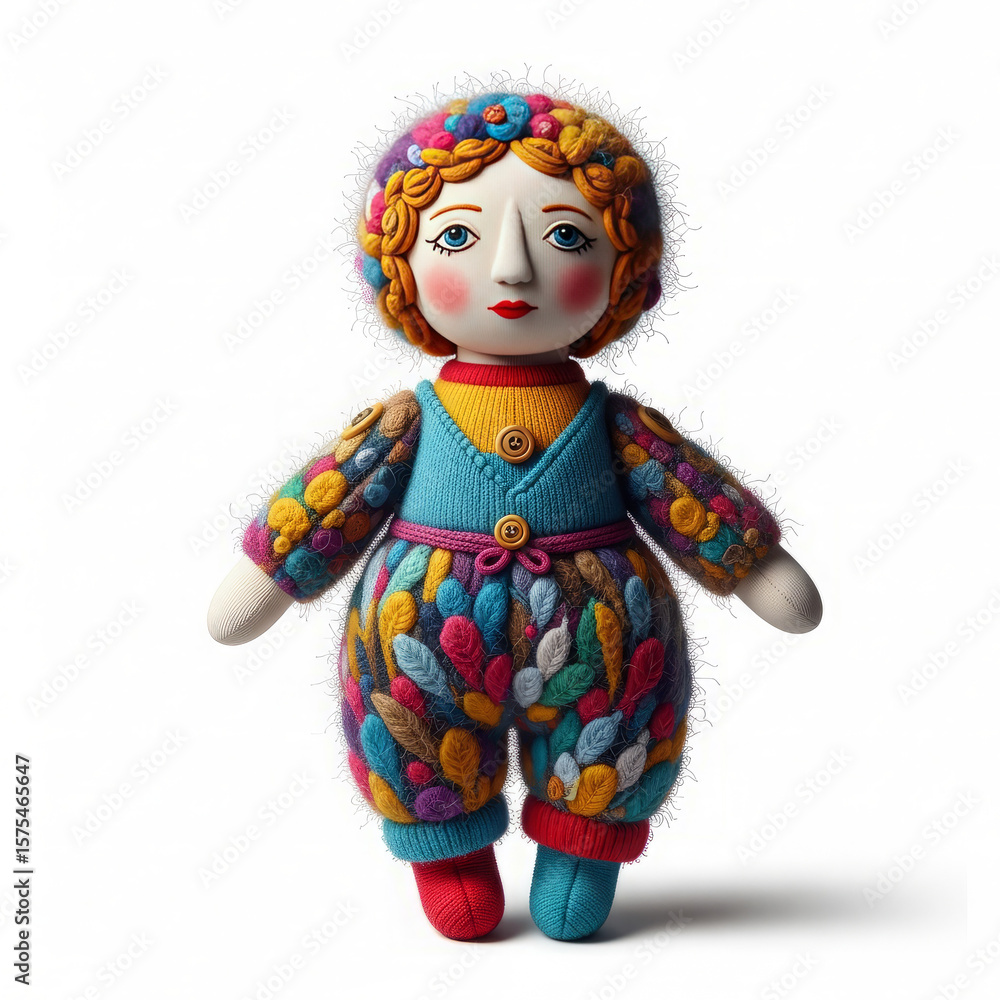 A colorful handmade doll stands on a white background, wearing a patterned outfit with a buttoned vest and floral headpiece. A colorful handmade doll stands on a white background, wearing a patterned outfit with a buttoned vest and floral headpiece.