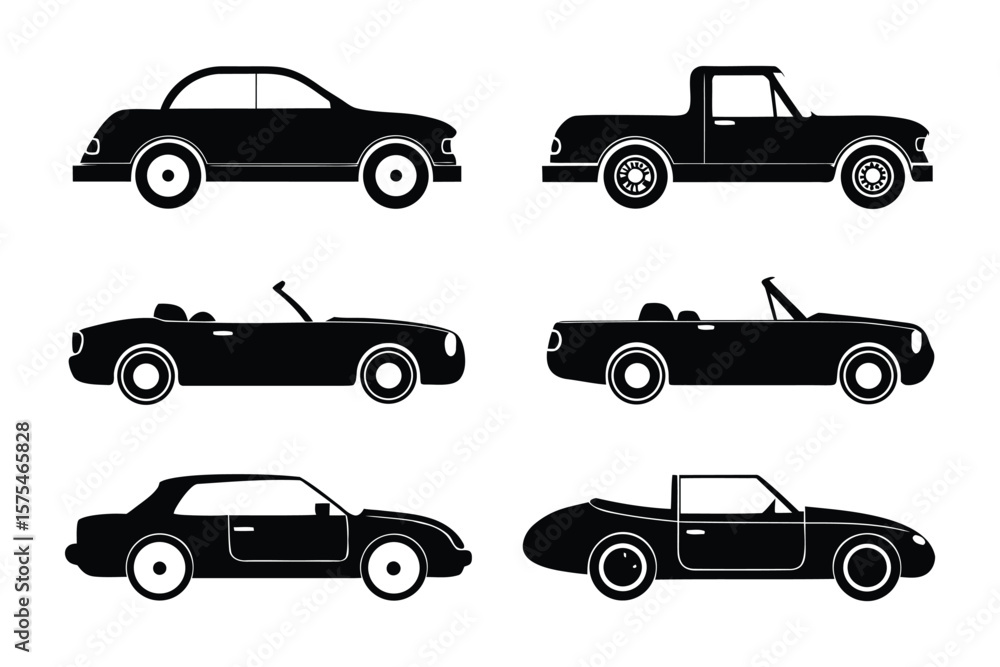Fototapeta premium Variety of Vehicles: a set of sleek, black illustrations of diverse vehicles, each embodying distinct design aesthetics, from classic coupes to stylish convertibles and versatile pickup trucks.