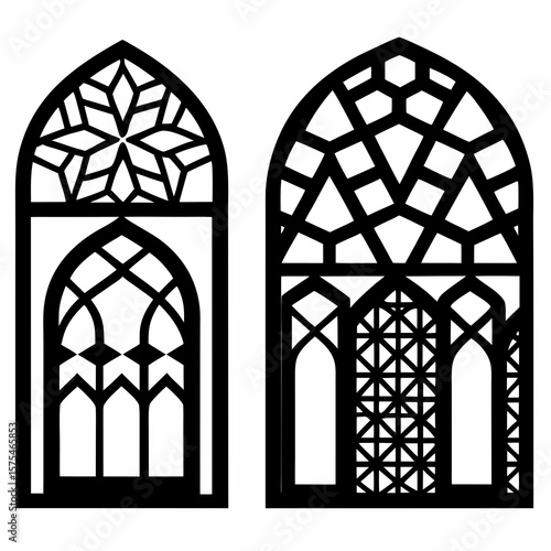 Islamic geometric patterns on arched architectural window frames Islamic architecture