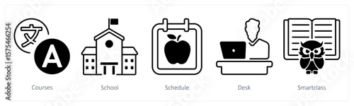 A set of 5 mix icons as courses, school, schedule