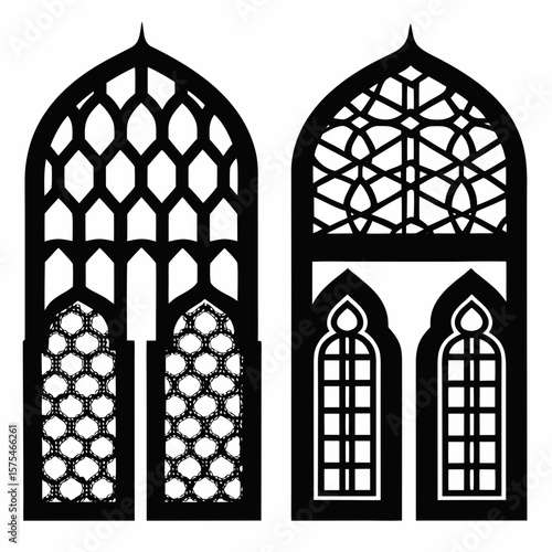 Islamic architectural window designs with geometric patterns