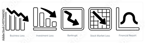 A set of 5 mix icons as business loss, investment loss, bankrupt