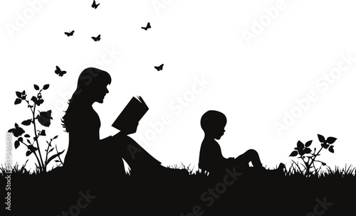 Mother and Child Reading Outdoors Silhouette
