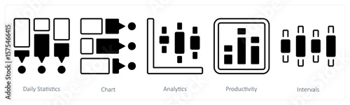 A set of 5 mix icons as daily statistics, chart, analytics