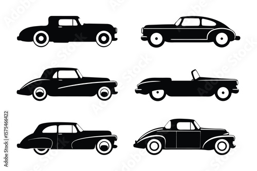Vintage Silhouette Cars: A collection of classic automobiles, rendered in sleek black silhouettes with pristine white tires, each a testament to timeless design and automotive history. 
