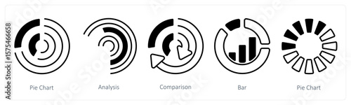 A set of 5 mix icons as pie chart, analysis, comparison