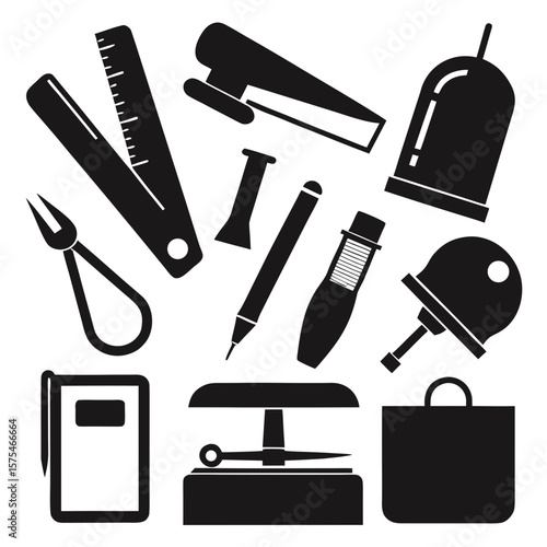 Office supplies collection stapler ruler pen scissors briefcase stationery