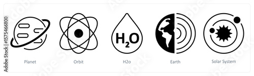 A set of 5 mix icons as planet, orbit, h2o