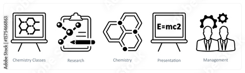 A set of 5 mix icons as chemistry classes, research, chemistry