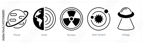 A set of 5 mix icons as planet, earth, nuclear