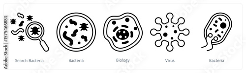 A set of 5 mix icons as search bacteria, bacteria, biology