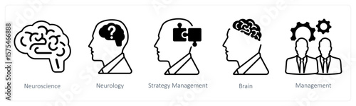 A set of 5 mix icons as neuroscience, neurology, strategy management