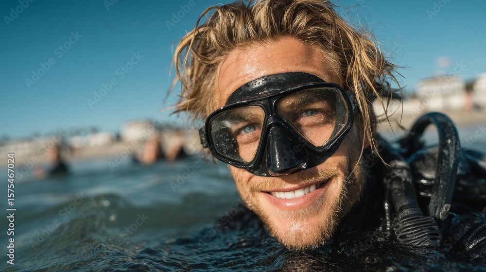 Fototapeta premium 25 year old blond foreign male wearing black diving goggles playing in clear blue ocean water smiling at camera with blurred beach background in a long shot, summer vacation concept