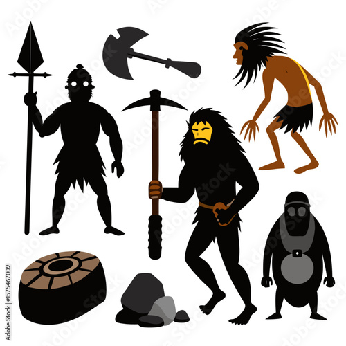 Prehistoric figures wielding tools and primitive objects caveman spear