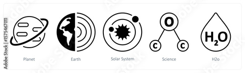 A set of 5 mix icons as planet, earth, solar system
