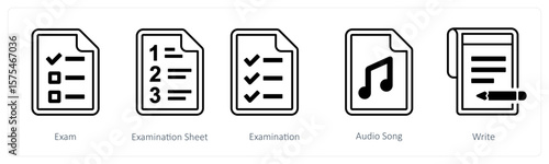 A set of 5 mix icons as exam, examination sheet, audio song